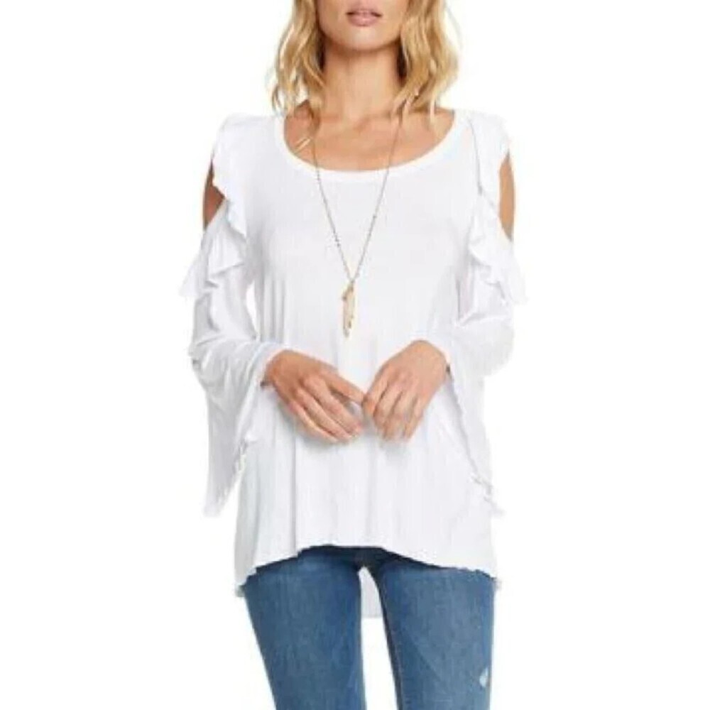NWT CHASER White Bell Sleeve Cold Shoulder Ruffle Comfy Stretch Shirt Medium